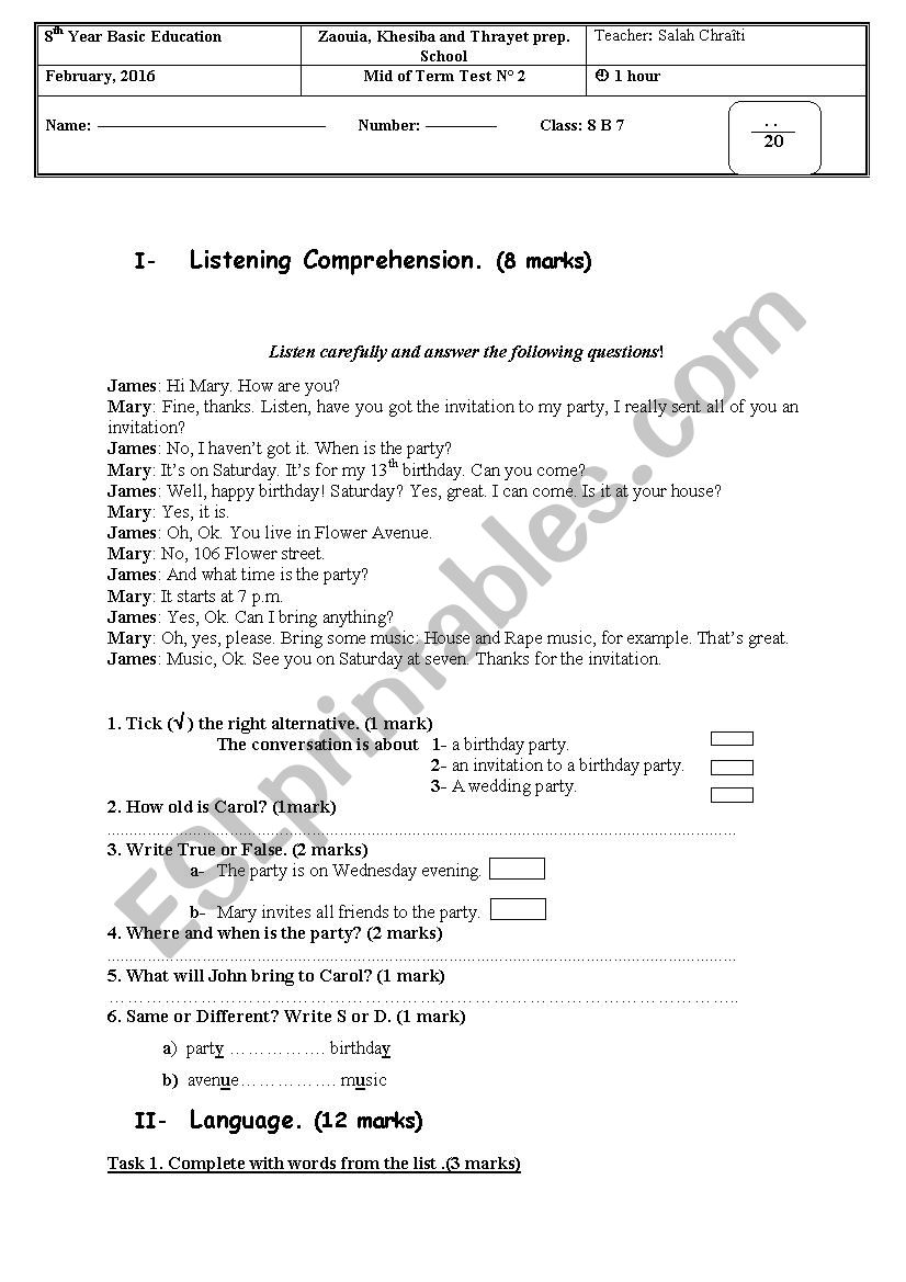 8th Form English test  worksheet