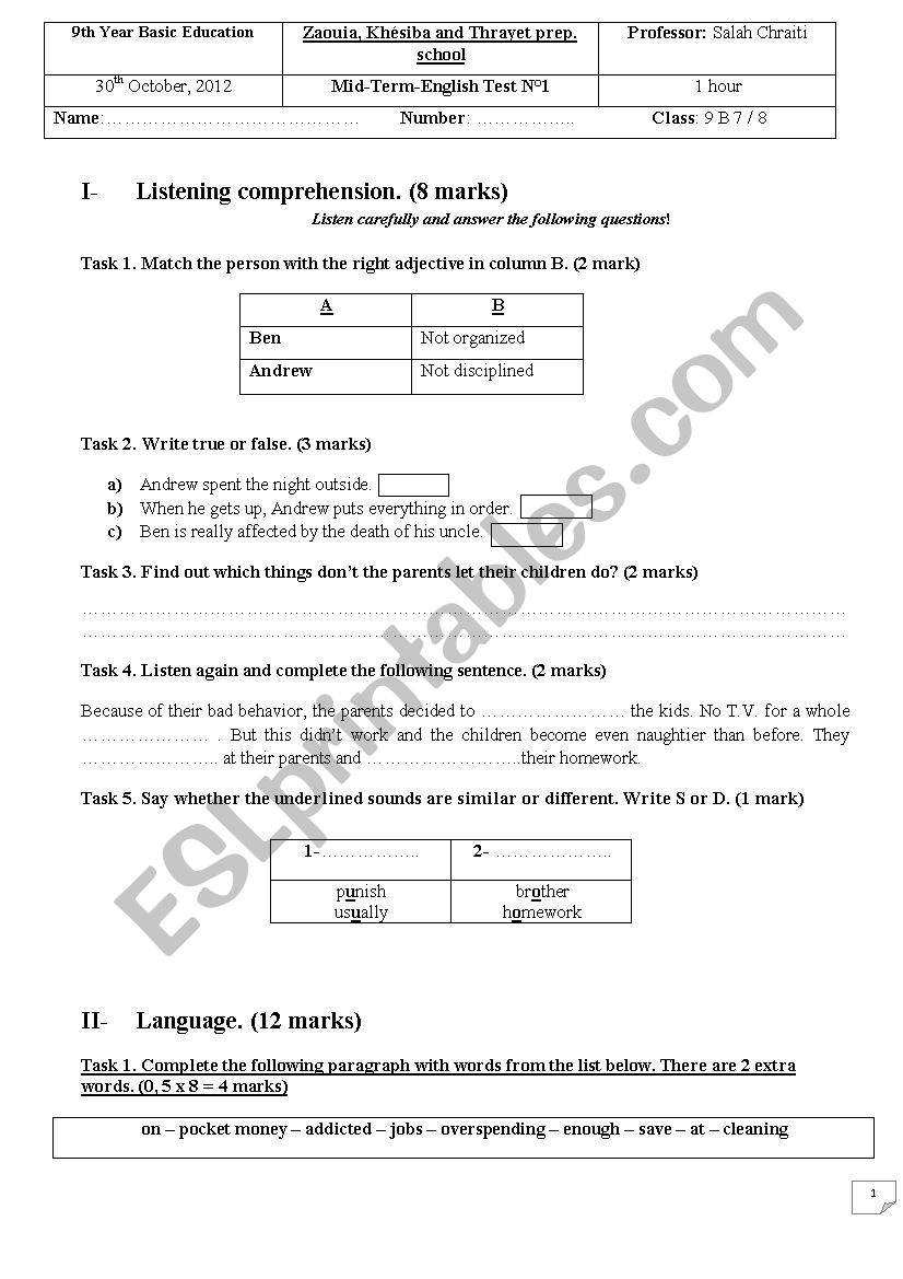 Mid term test N 1 worksheet
