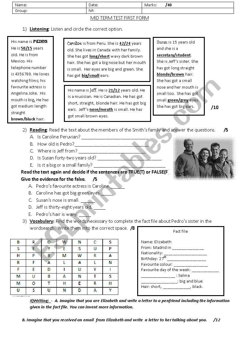 first form mid term test  worksheet
