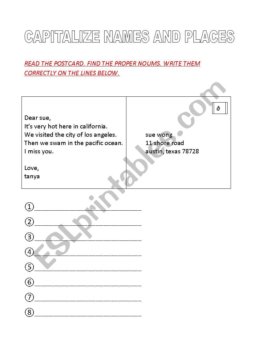 Names and places worksheet