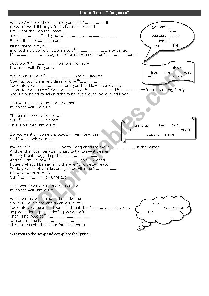 I´m yours - ESL worksheet by carlacarotta@hotmail.com