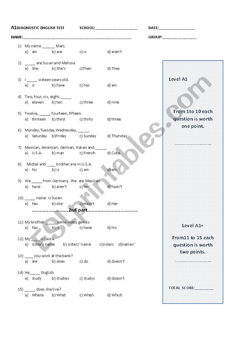 A1 DIAGNOSTIC ENGLISH TEST ESL Worksheet By Henna300