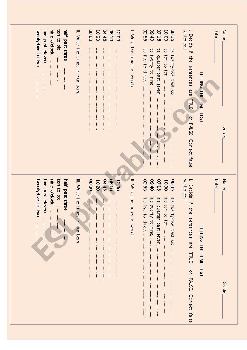 TELLING THE TIME TEST worksheet