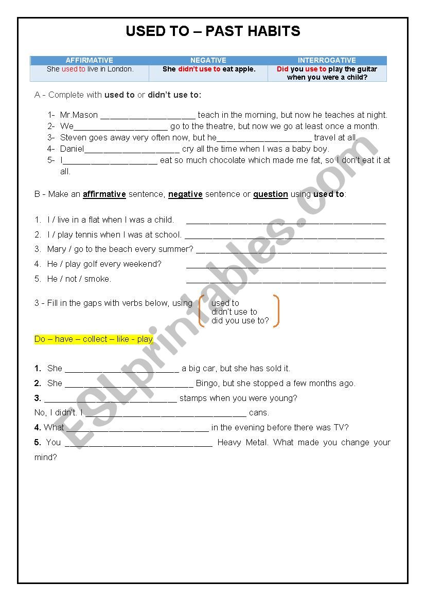 Used To / didn´t use to/ Did (you) use to? - ESL worksheet by ...