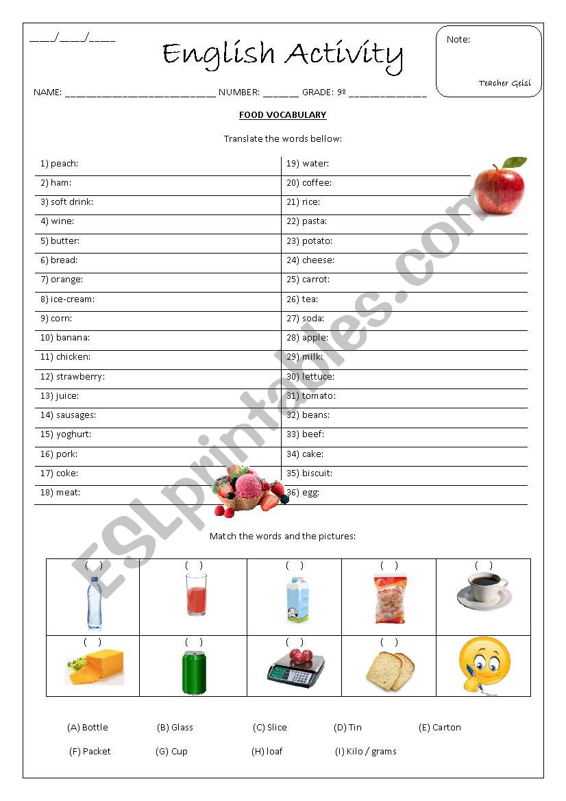 FOOD worksheet