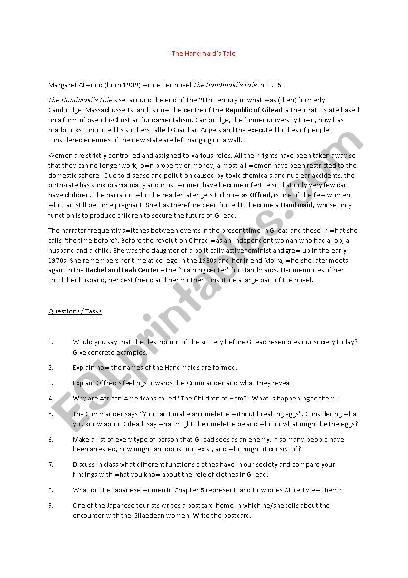 The Handmaids Tale worksheet