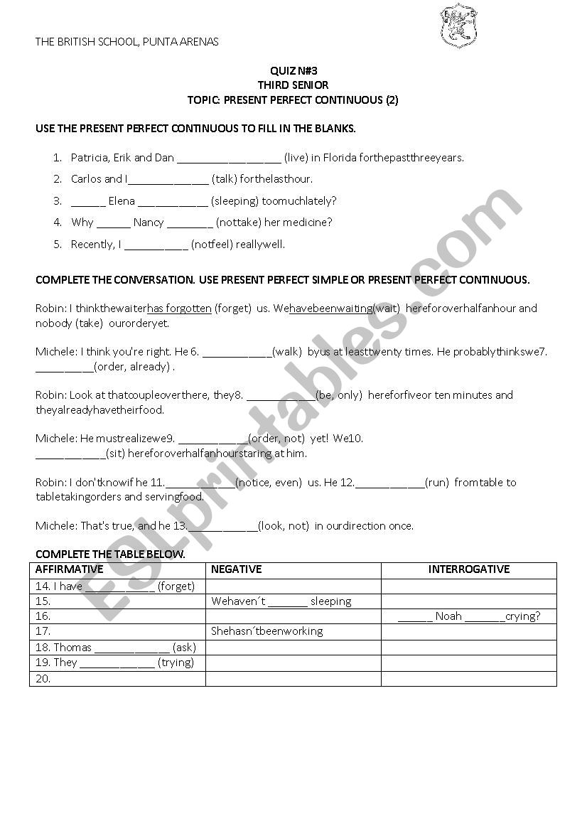 Present Perfect Continuous worksheet