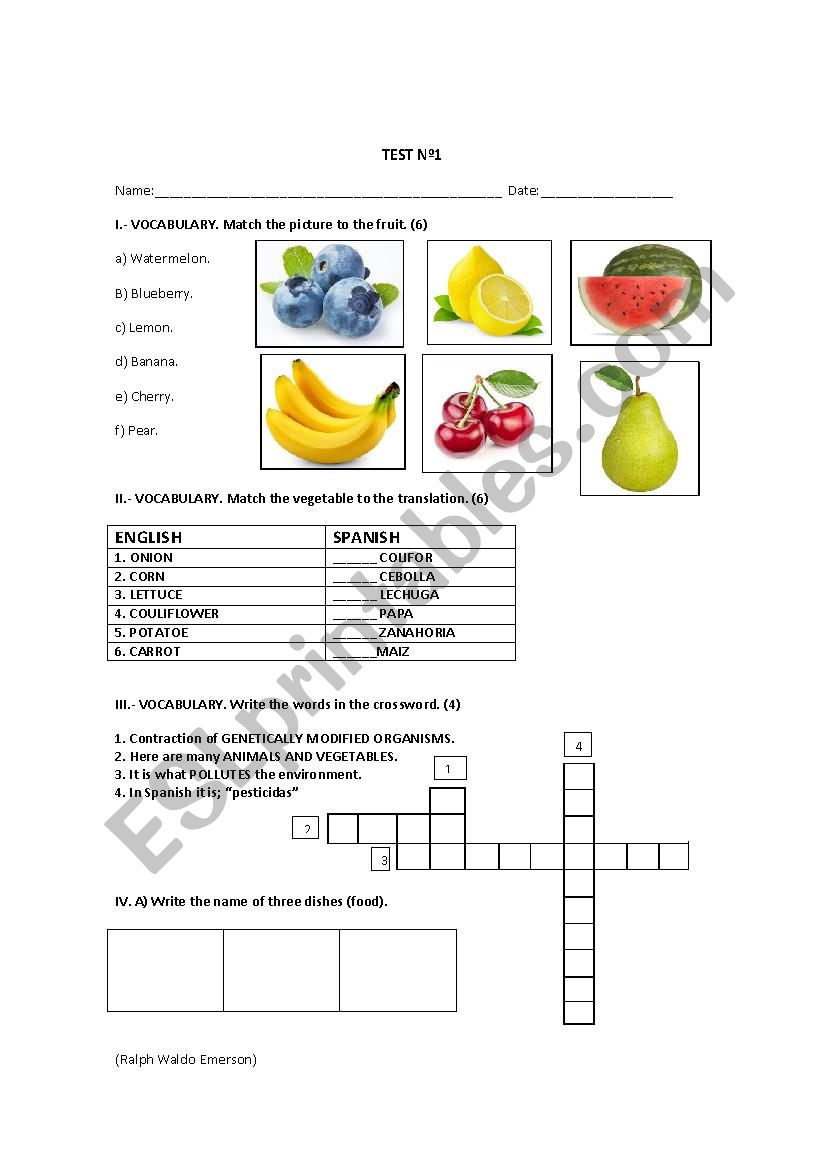 Food test worksheet