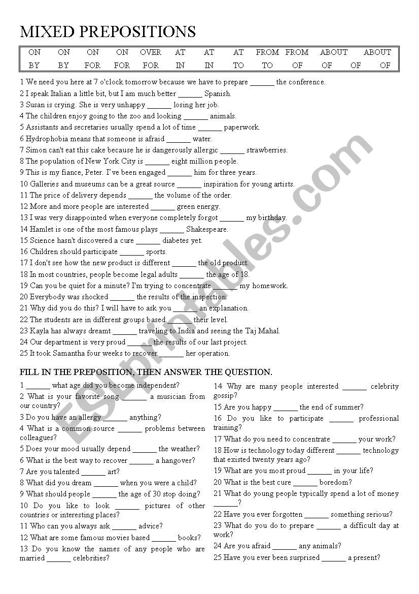 Mixed prepositions: English ESL worksheets pdf & doc