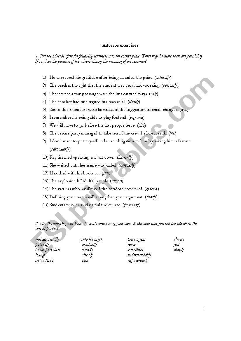 Adverbs Position Exercises ESL Worksheet By Dewurstj