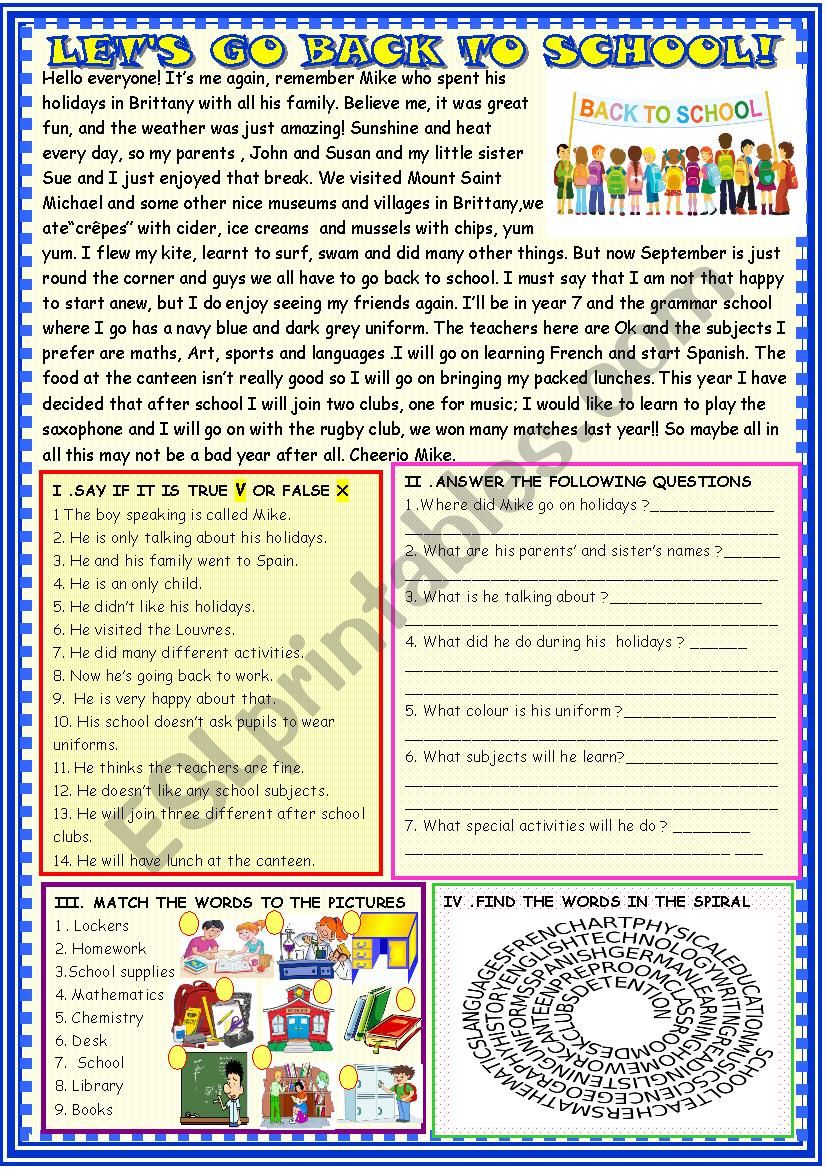 Let´s go back to school ! reading comprehension - ESL worksheet by ...