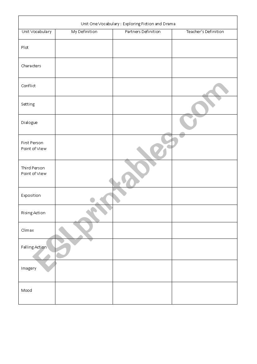 Fiction Unit Vocabulary worksheet