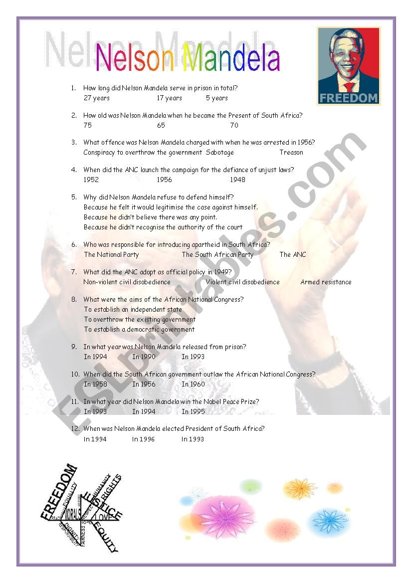 Video Worksheet - Nelson Mandela - ESL worksheet by yankito