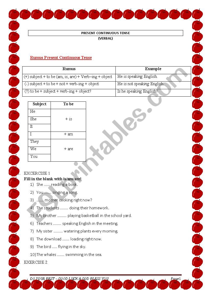 present continuous tense worksheet