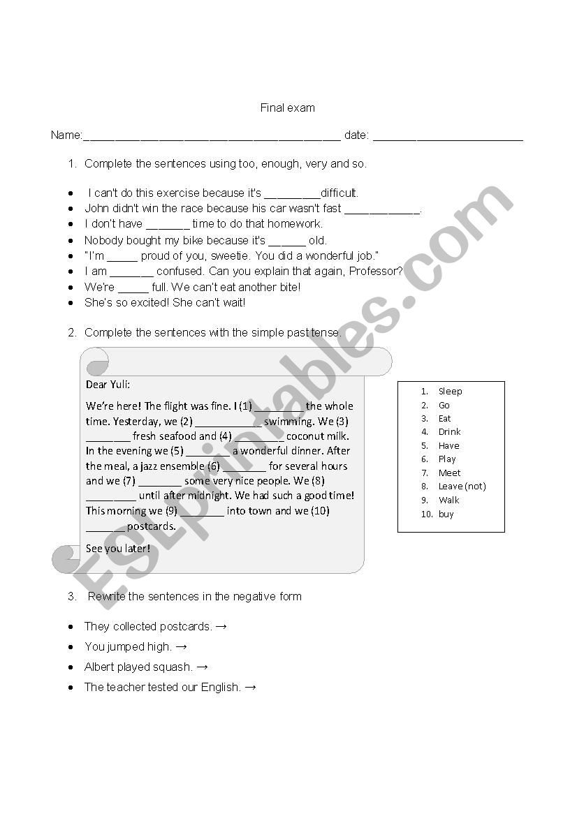 Final Exam worksheet