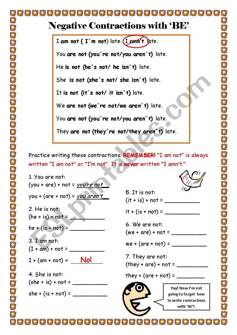 Negative Contractions with ´BE - ESL worksheet by kwsp