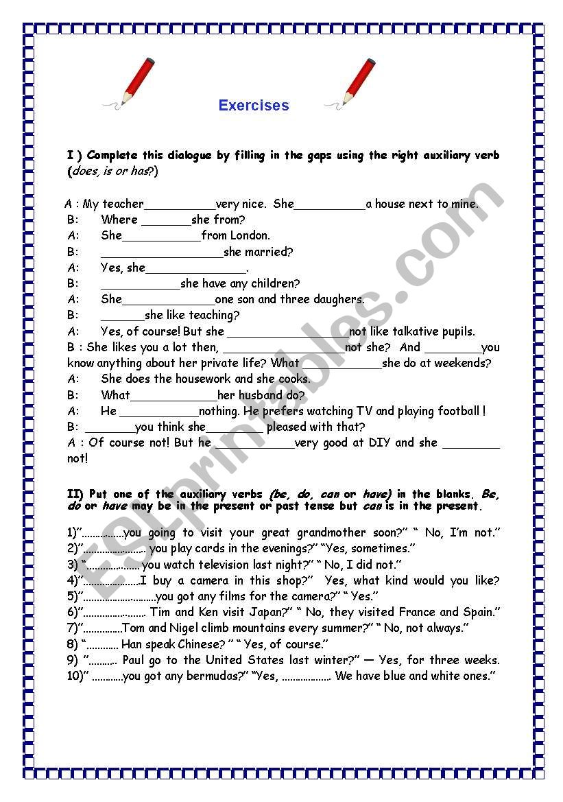 Exercises With Auxiliary Verbs ESL Worksheet By Panaf