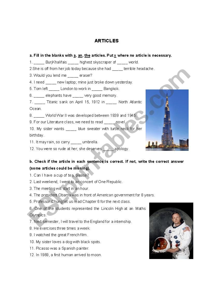 ARTICLES worksheet