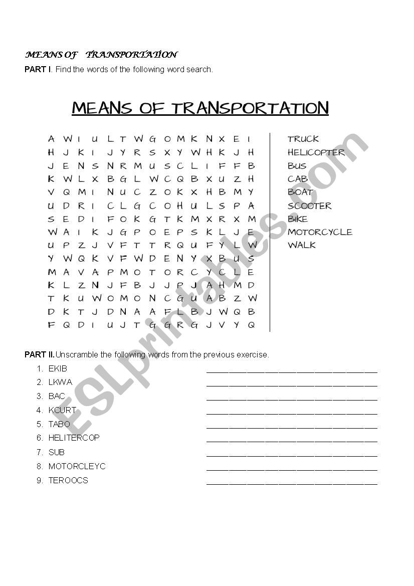 Means of Transportation worksheet