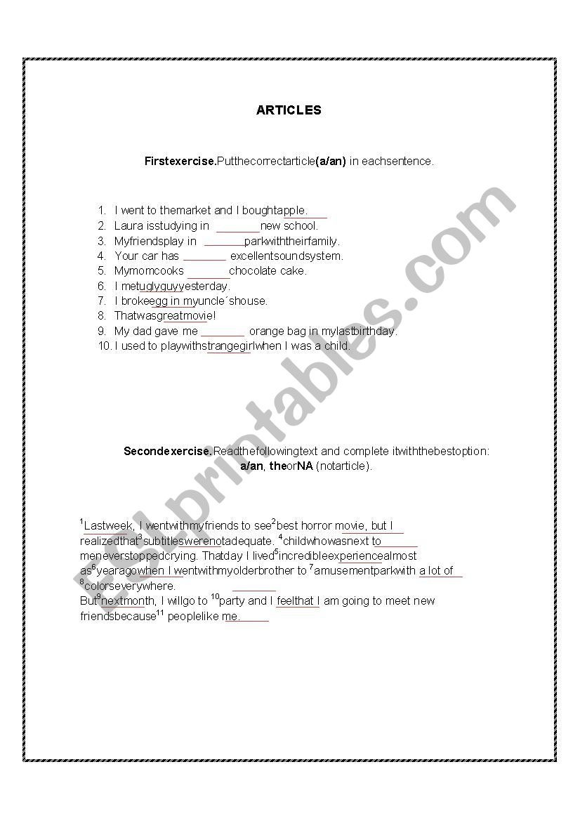 ARTICLES worksheet