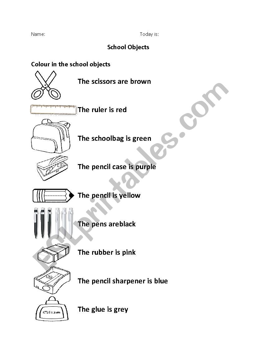 School Objects and Colour worksheet