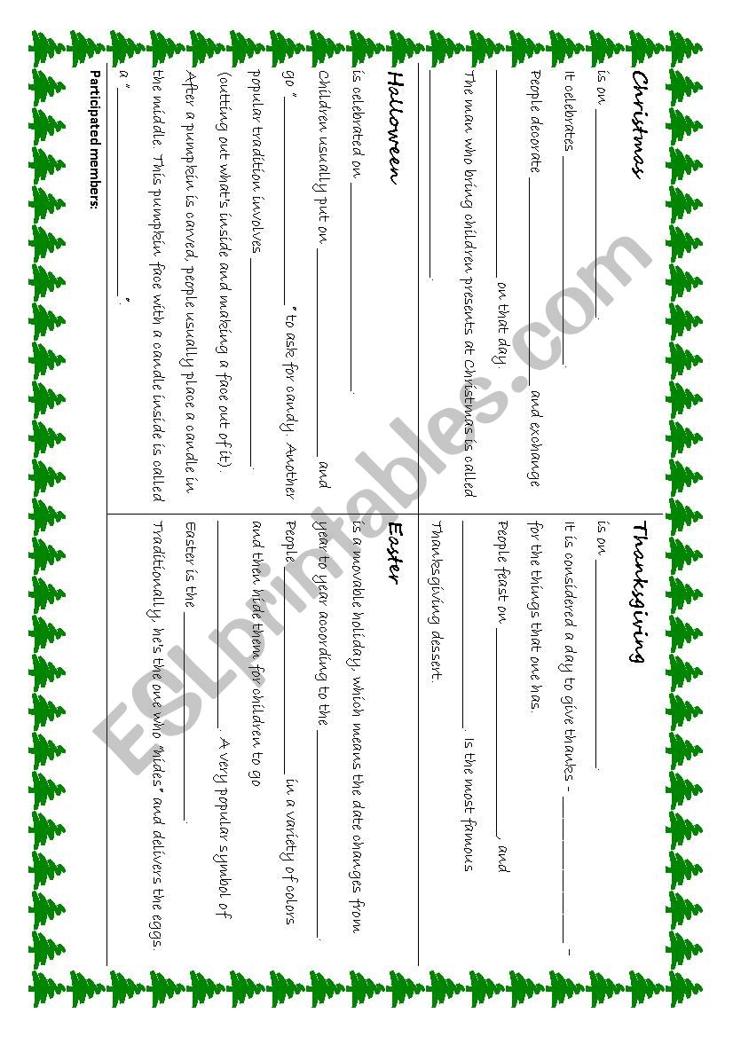 Holidays worksheet