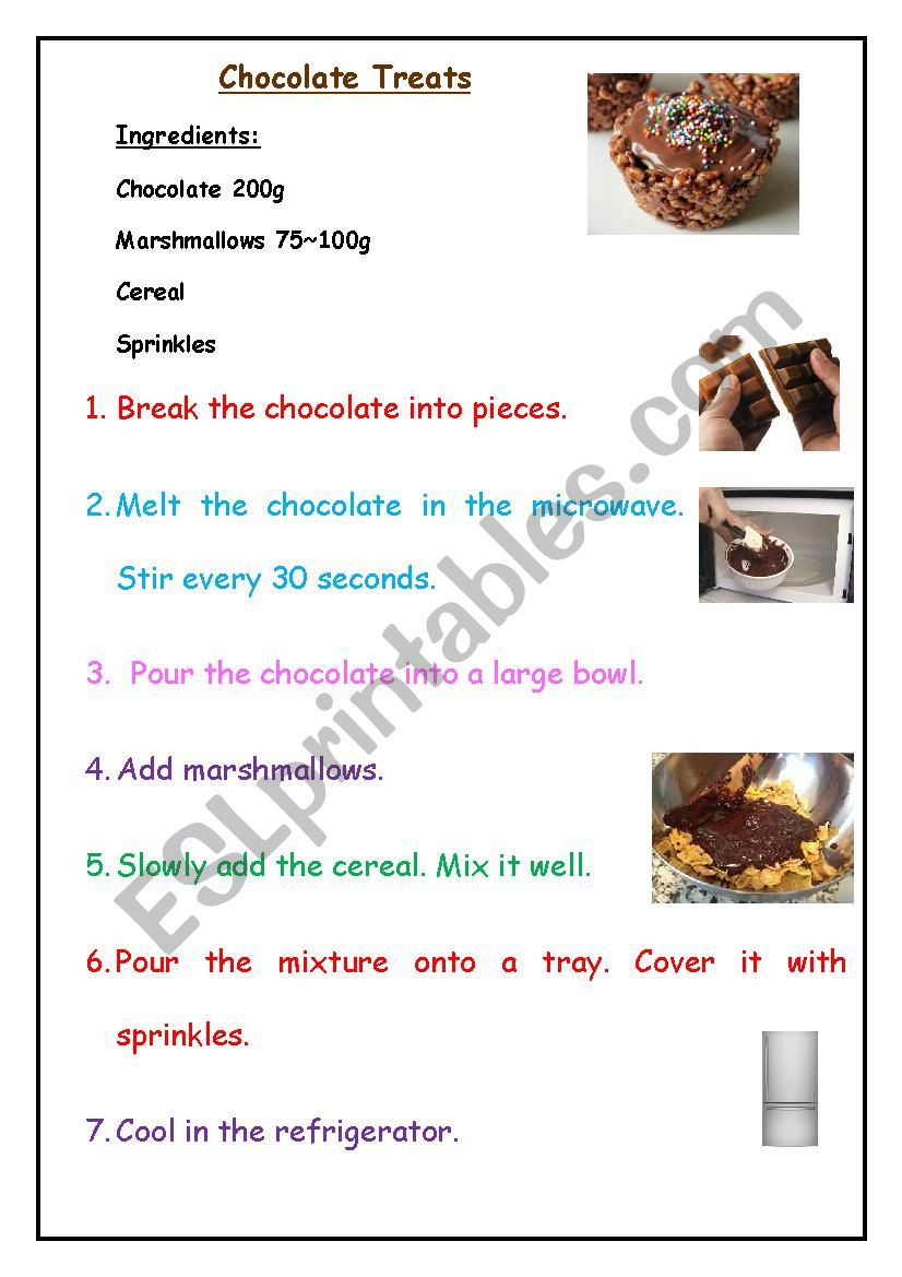 Chocolate Treats Recipe - ESL worksheet by emcglew