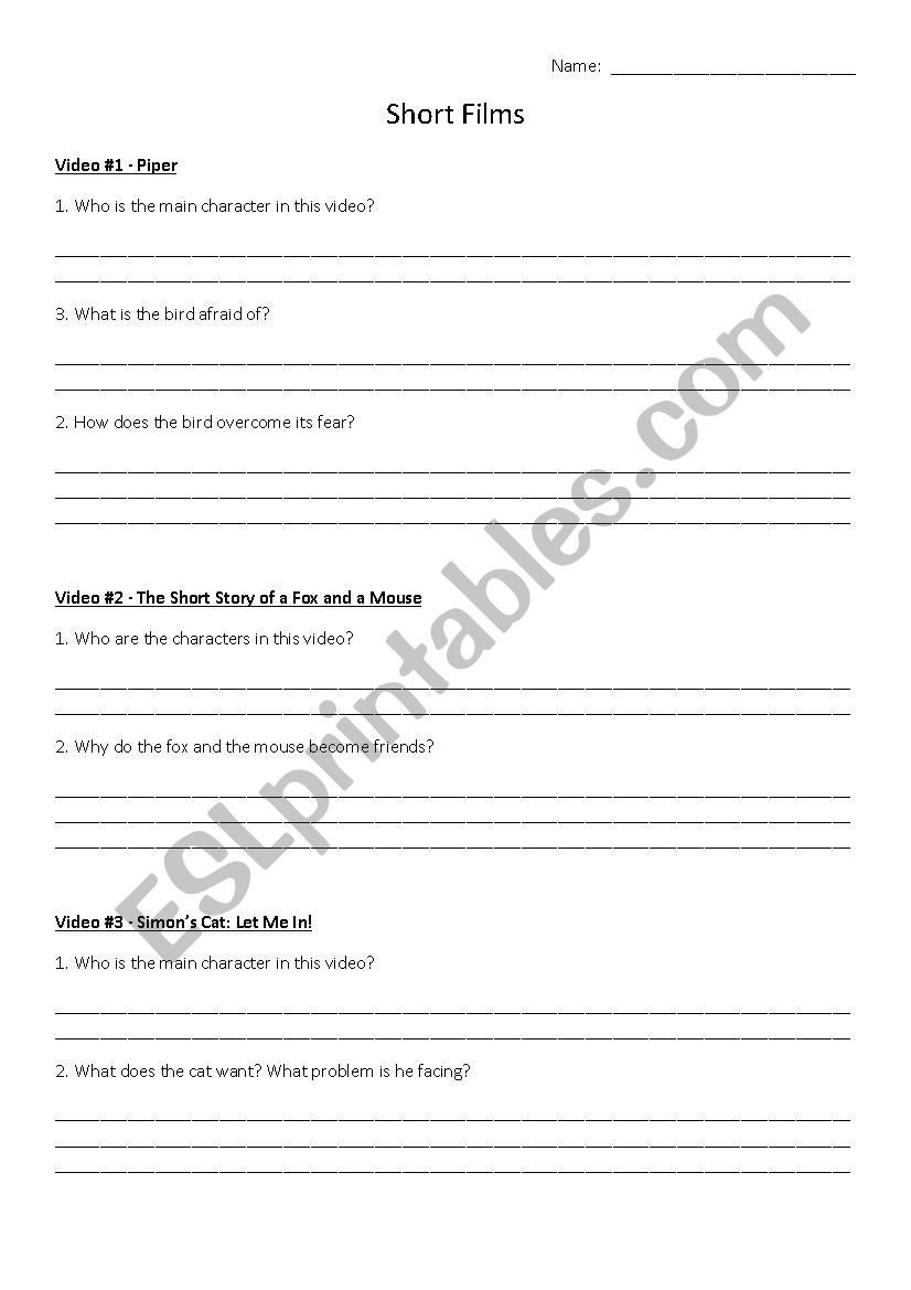 Animated shorts - questions worksheet