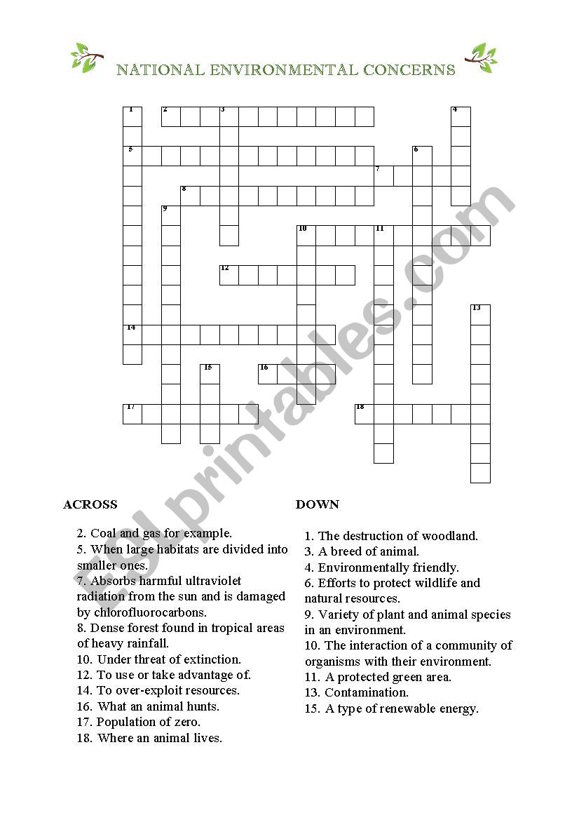 Environment crossword worksheet