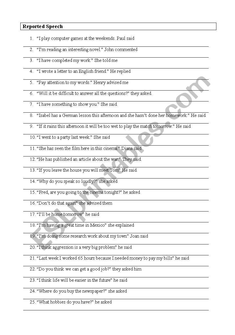 reported speech and questions exercises pdf