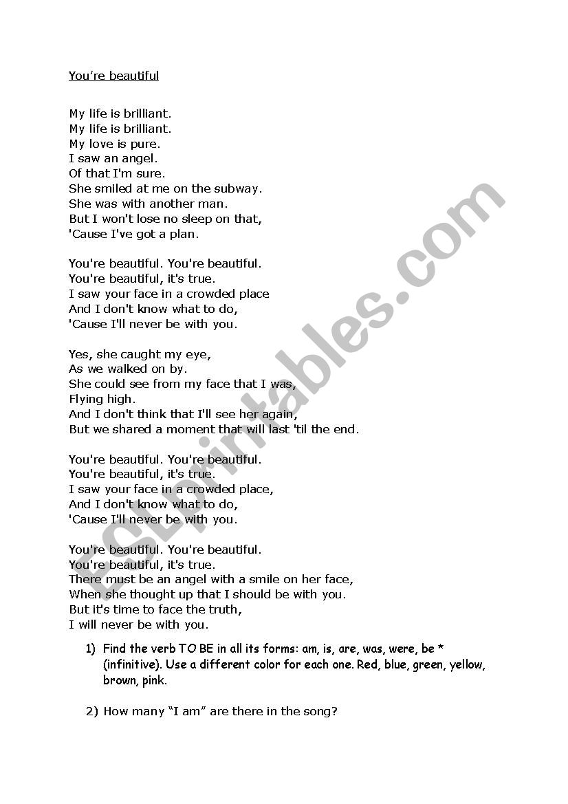 You´re beautiful-James Blunt - ESL worksheet by Aidyl