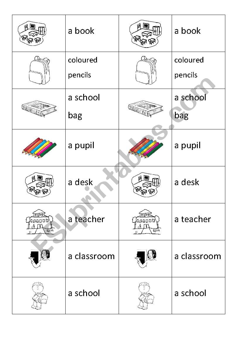 School objects domino worksheet