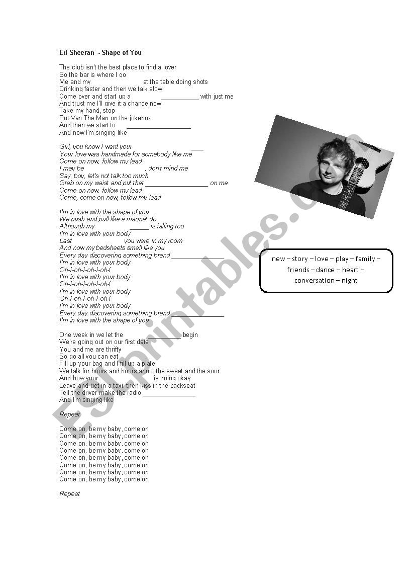 Ed Sheeran - Shape of you worksheet