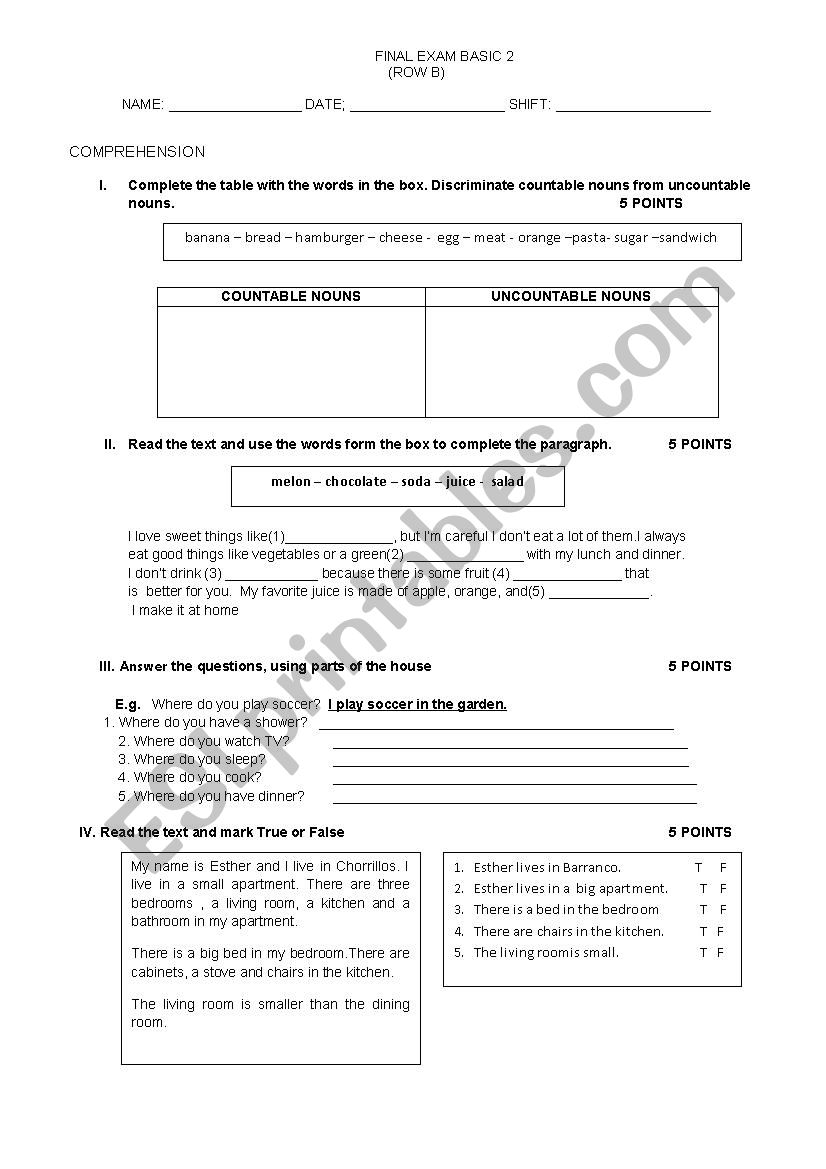 FINAL EXAM ROW B BASIC 2 worksheet