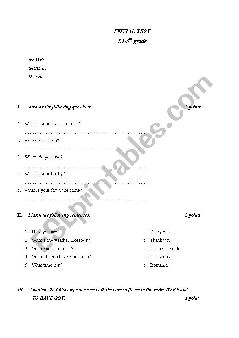 Fifthe grade initial test paper