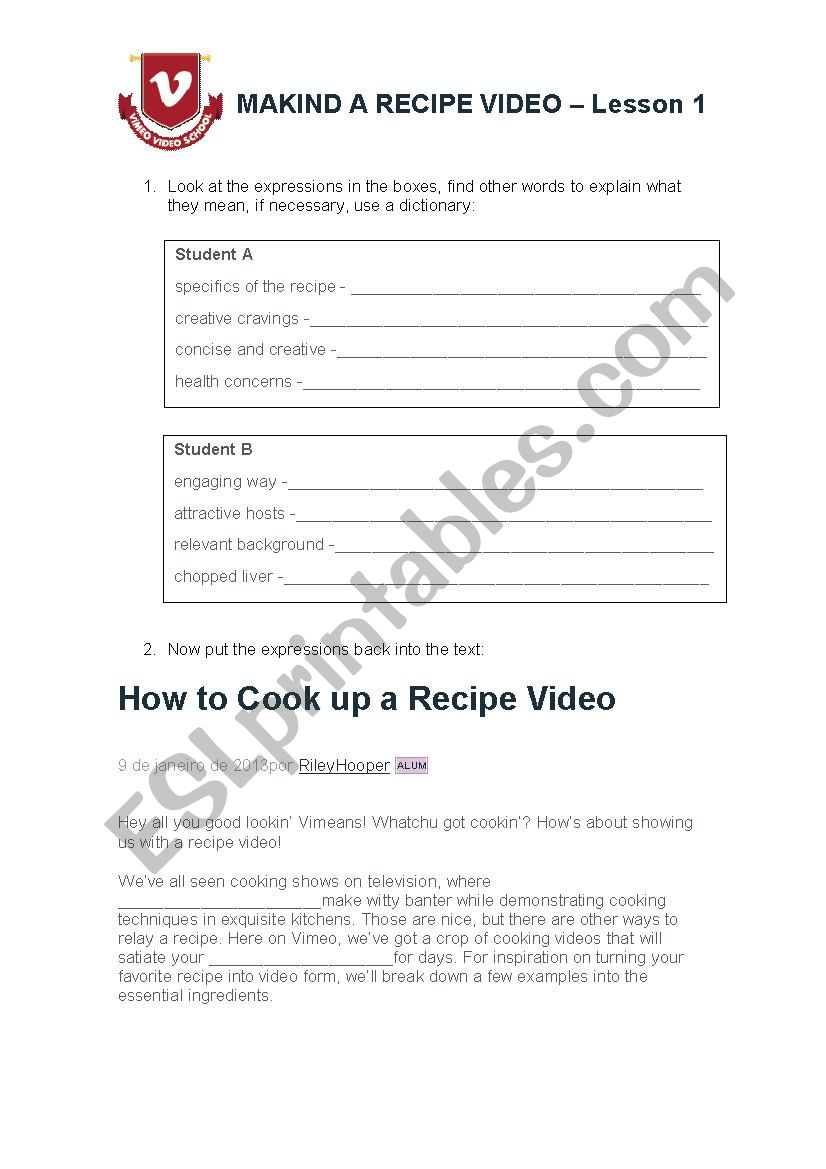 How to make a recipe video worksheet