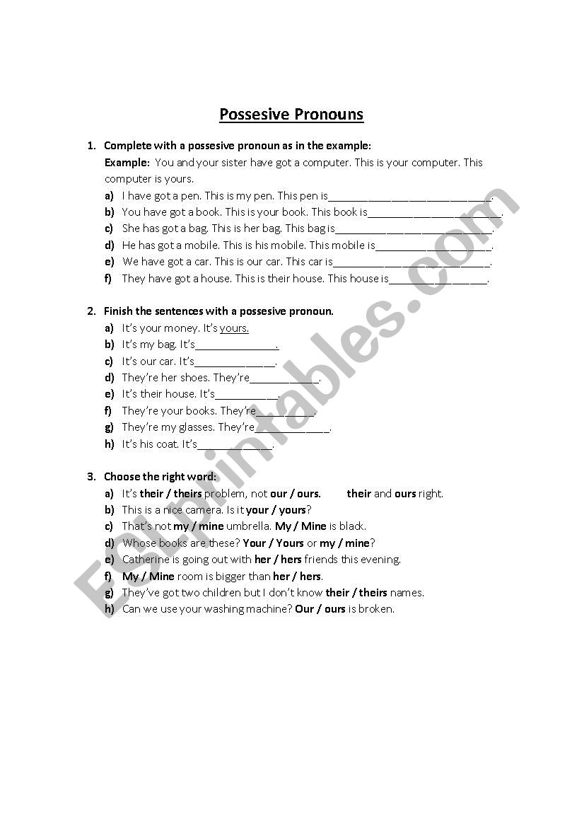 Possesive Pronoun worksheet