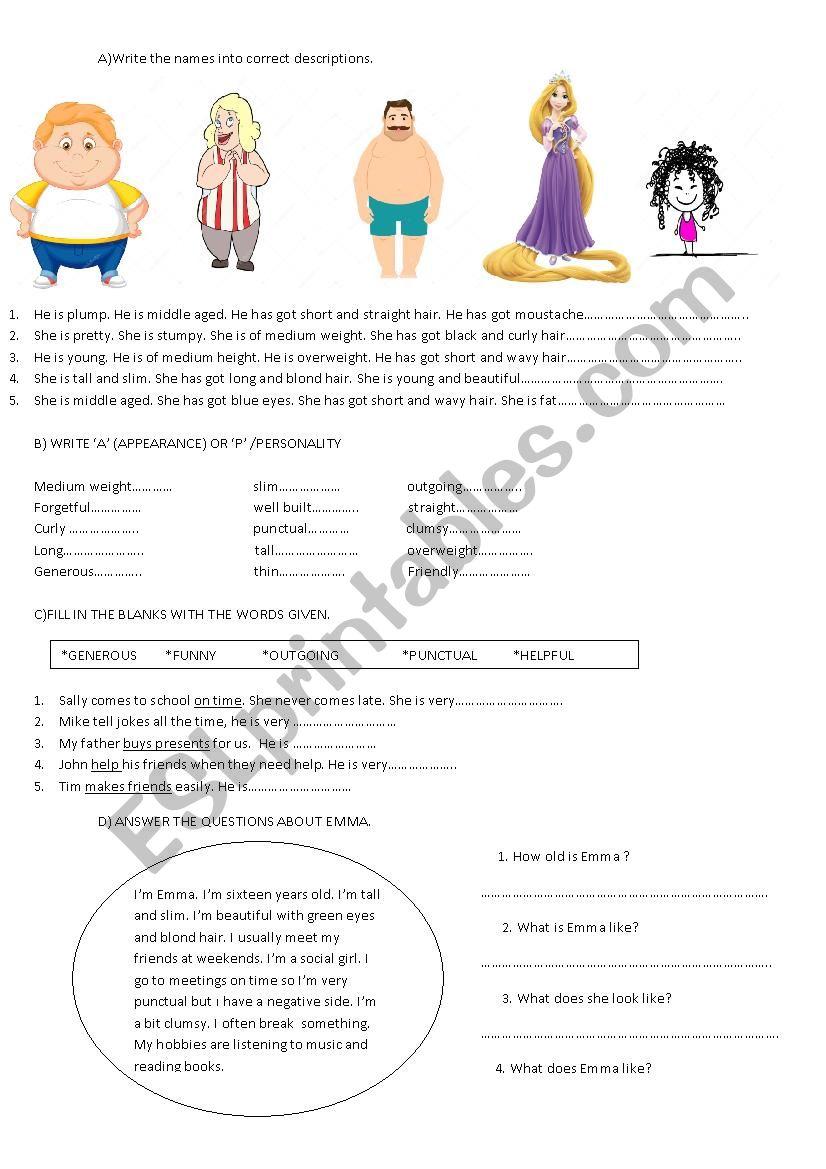 decsribing people worksheet