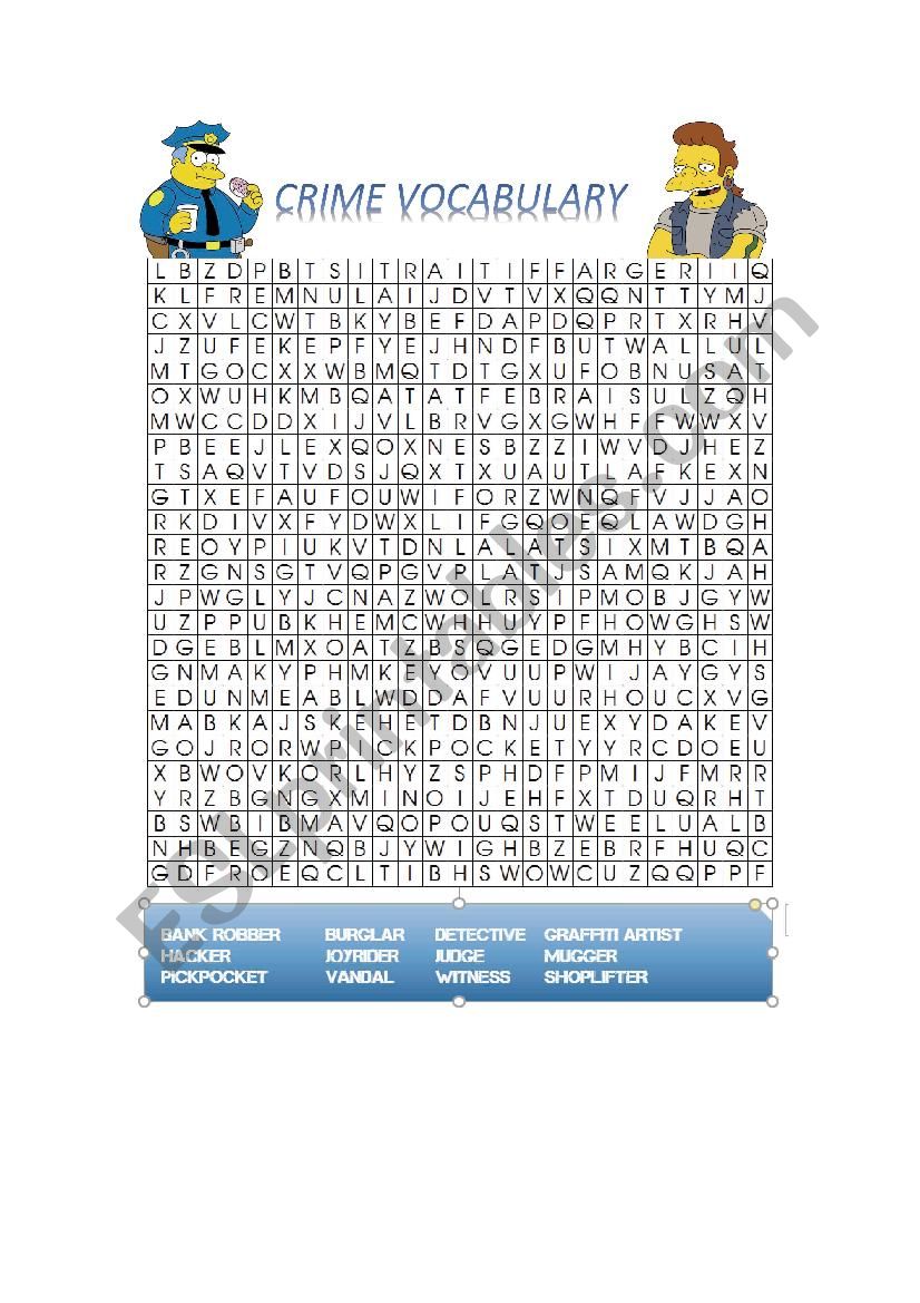 Crime Vocabulary Search Words worksheet