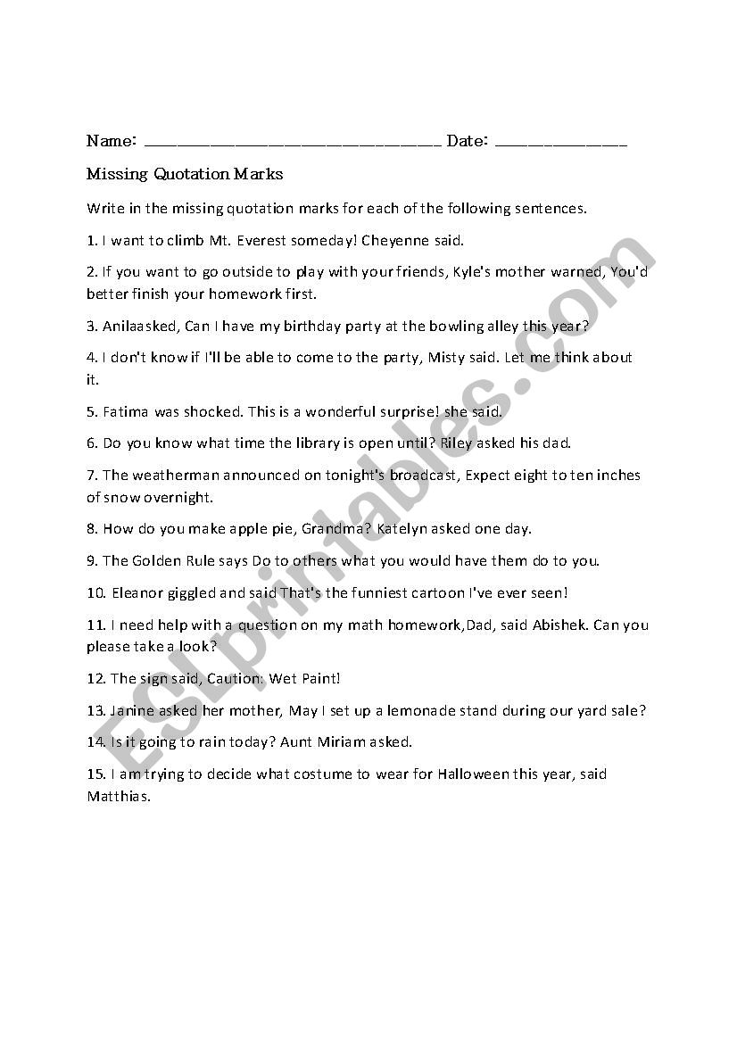 Missing Quotations worksheet