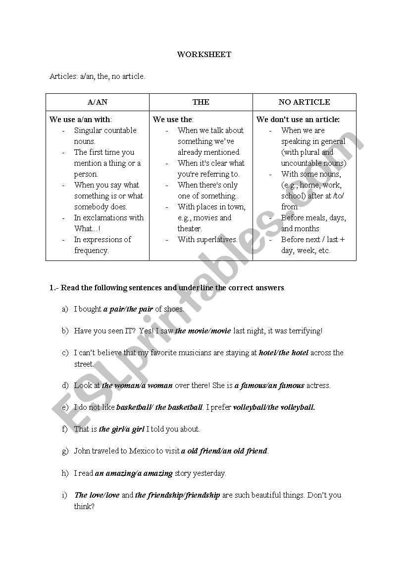 Articles A An The No Article Esl Worksheet By Httpbpt