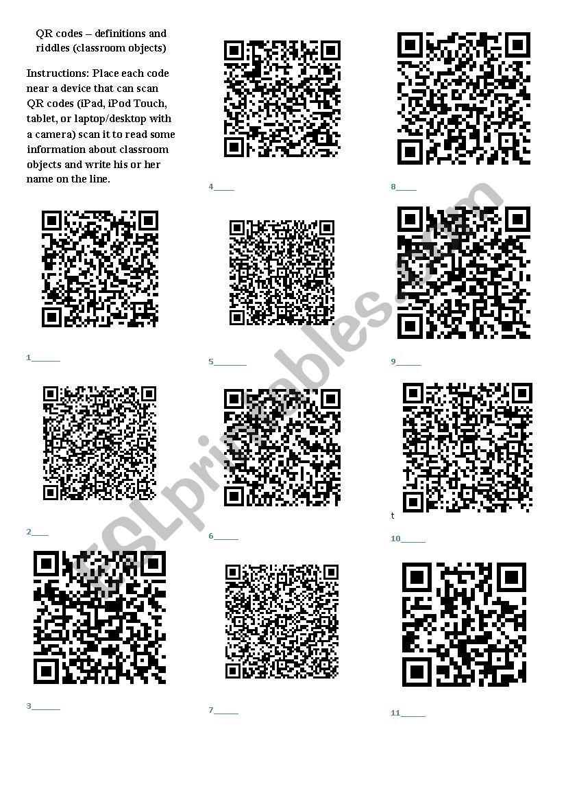 QR codes – definitions and riddles (classroom objects) - ESL worksheet ...