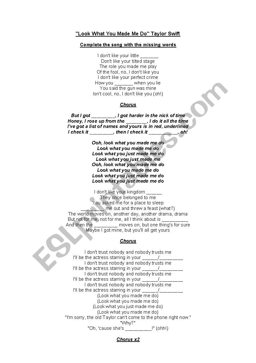 Look What You Made Me Do, Taylor Swift - ESL worksheet by joolywooly