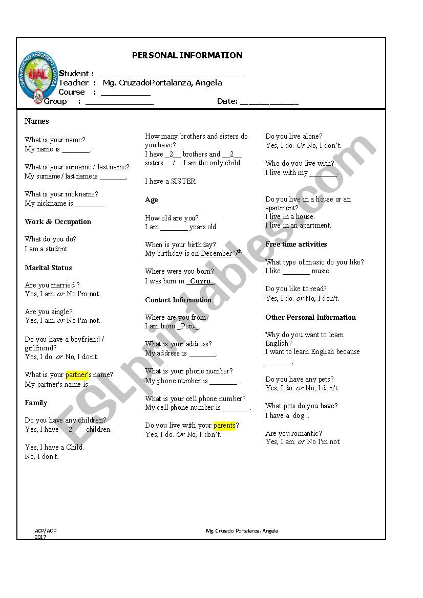 Personal Information worksheet