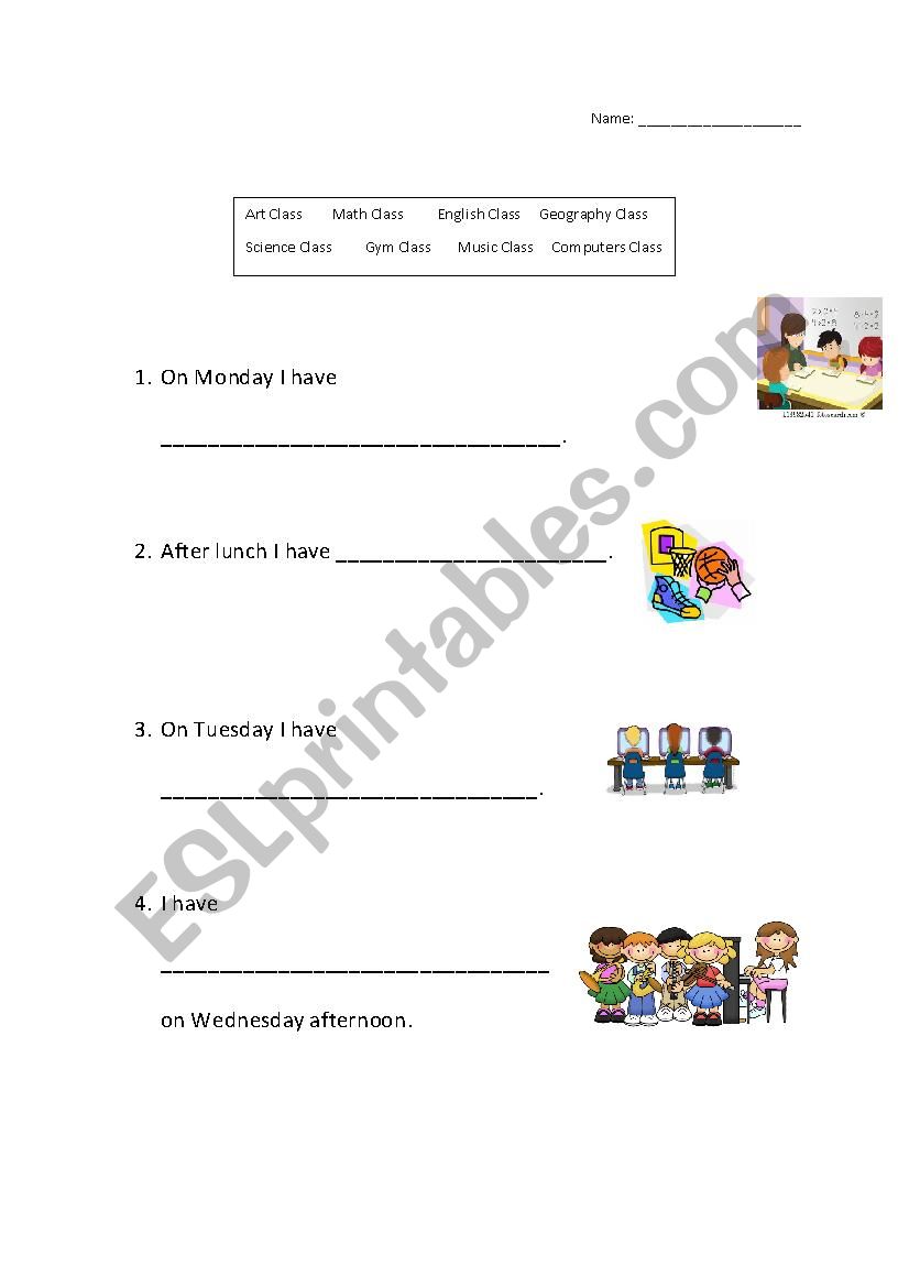 Classes Vocabulary using Have worksheet