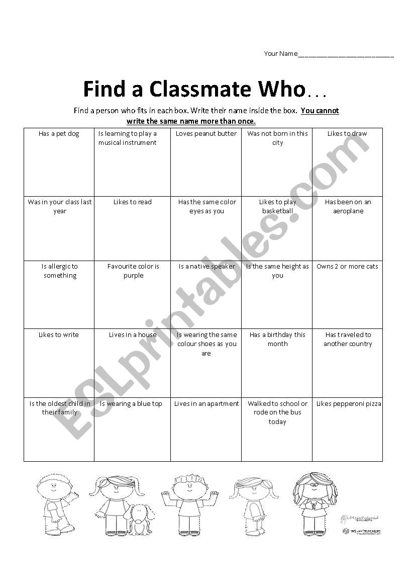 Find a Classmate Who  worksheet