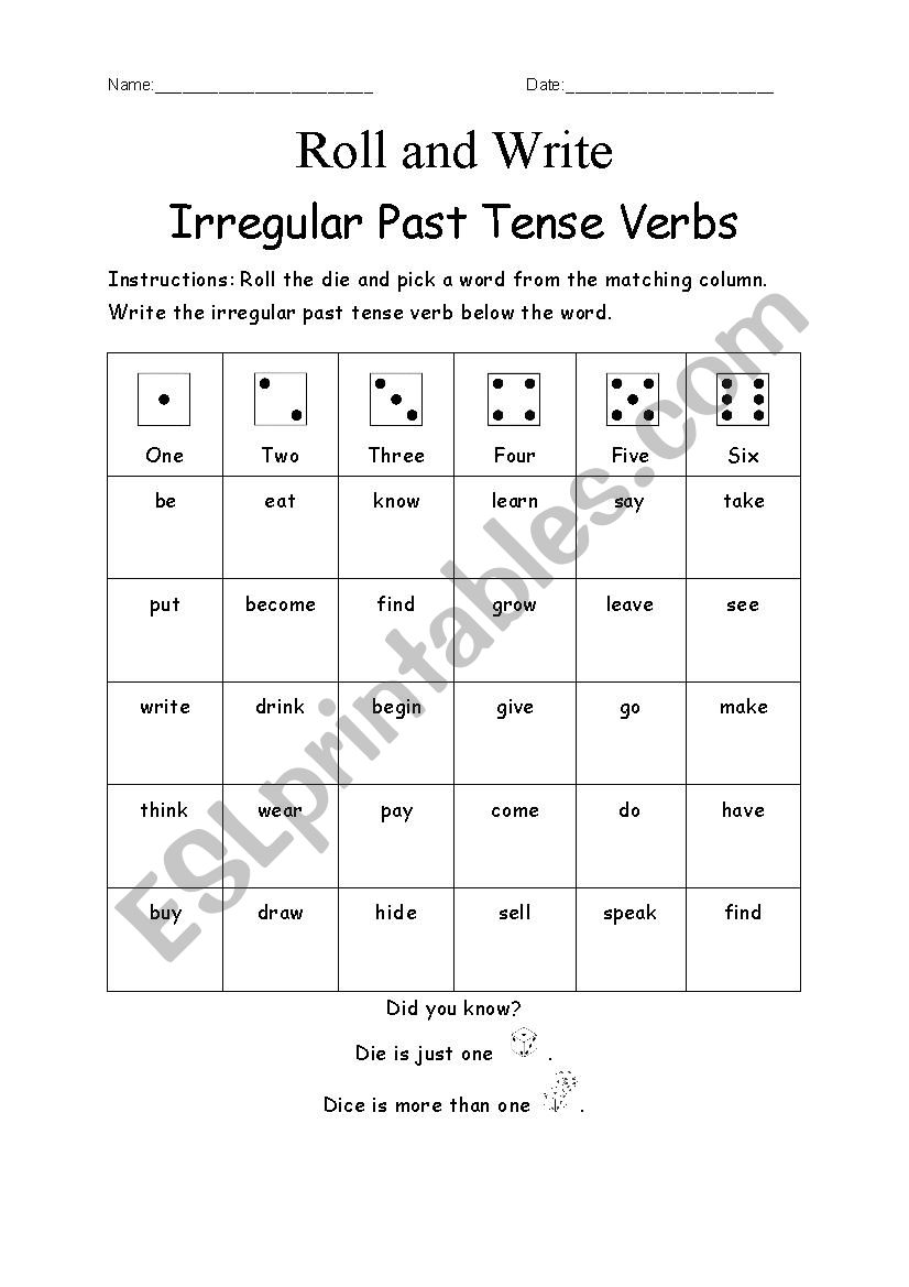 Roll and Write Irregular Past Tense Verbs