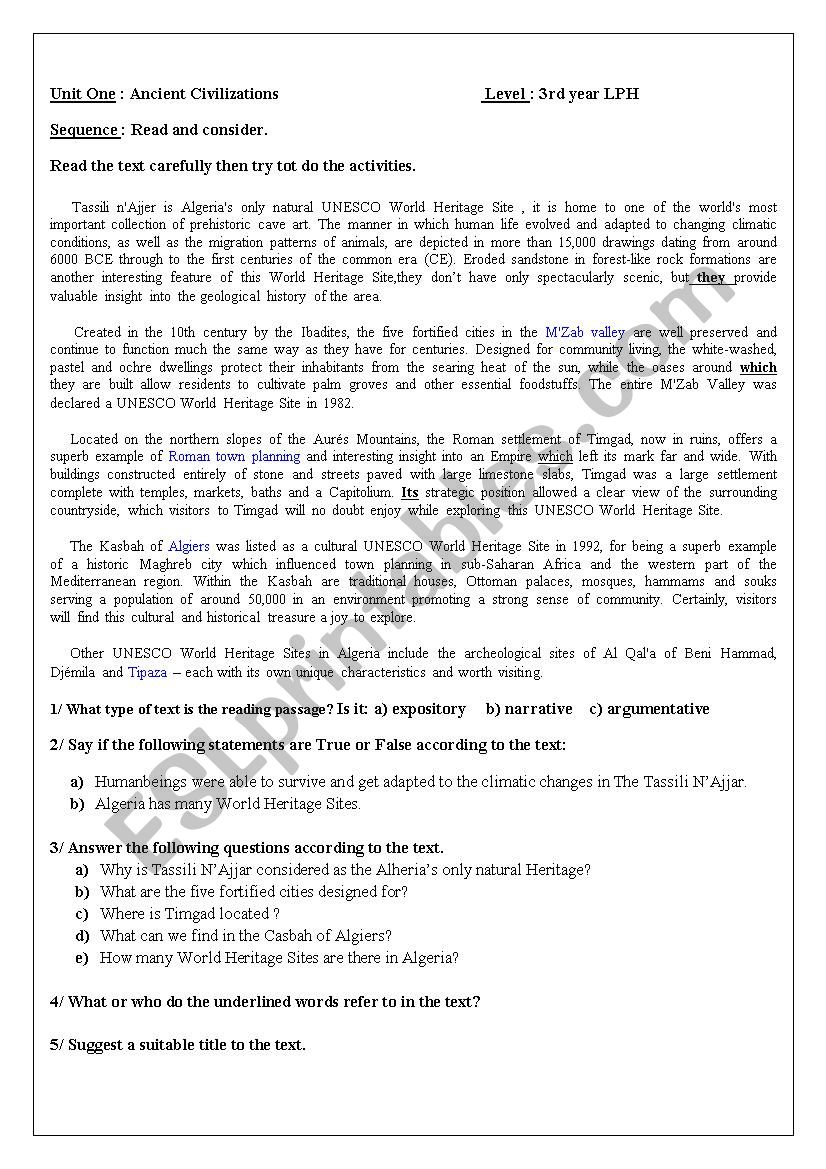 Ancient Civilizations; Algeria´s Heritage Sites - ESL worksheet by Novateen