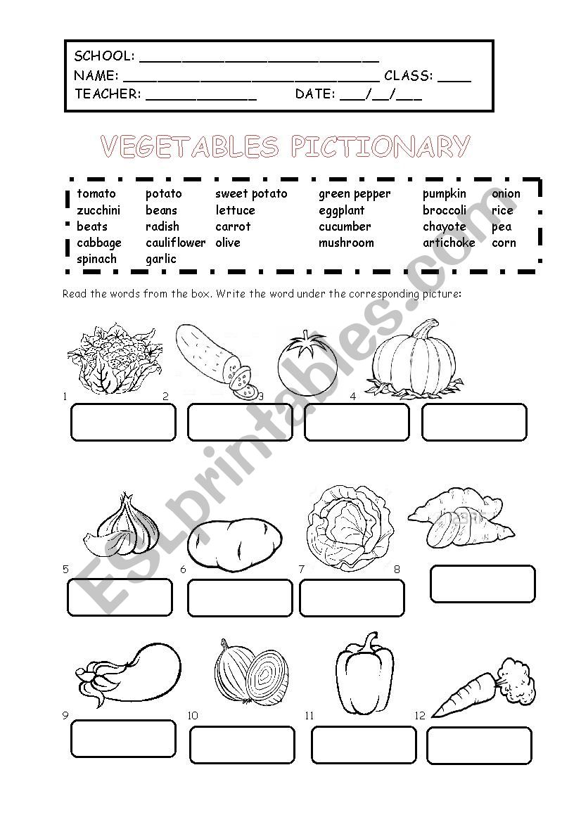 PICTIONARY - VEGETABLES worksheet