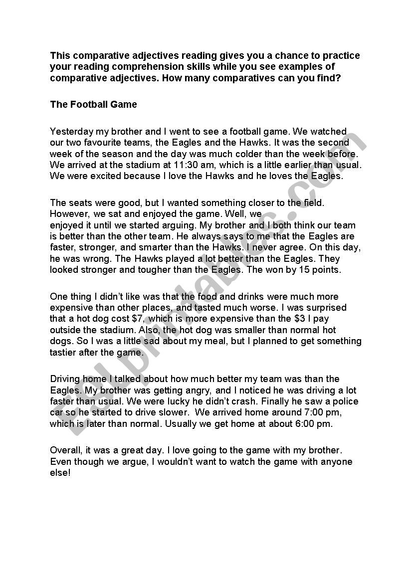 The football Game Comparative Reading - ESL worksheet by tanyelunal